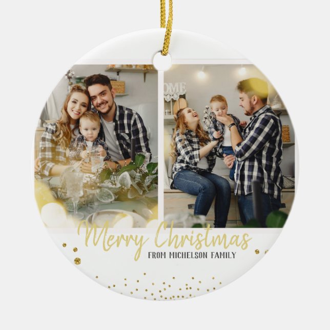 Family Photo Christmas Gold Confetti Ceramic Tree Decoration (Front)