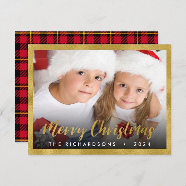 Family Photo Christmas Gold Foil Script Holiday Card (Front/Back)