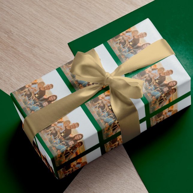 Family photo Christmas green gold joyful custom Wrapping Paper (Creator Uploaded)