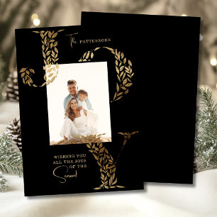 Family Photo Christmas Joy Floral Black Gold Holiday Card