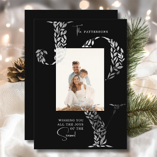 Family Photo Christmas Joy Floral Black Silver Holiday Card