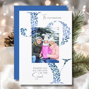 Family Photo Christmas Joy Floral Blue White Holiday Card