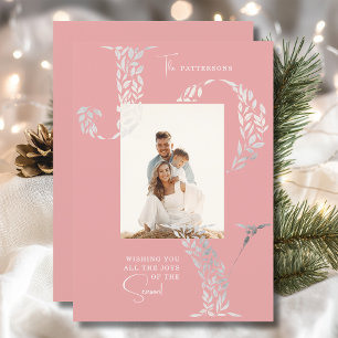 Family Photo Christmas Joy Floral Pink Silver Holiday Card