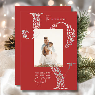 Family Photo Christmas Joy Floral Red Silver Holiday Card