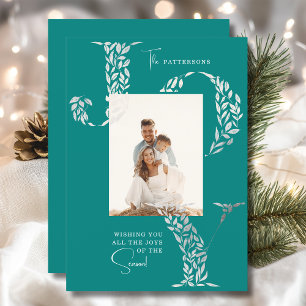 Family Photo Christmas Joy Floral Silver Cyan Holiday Card