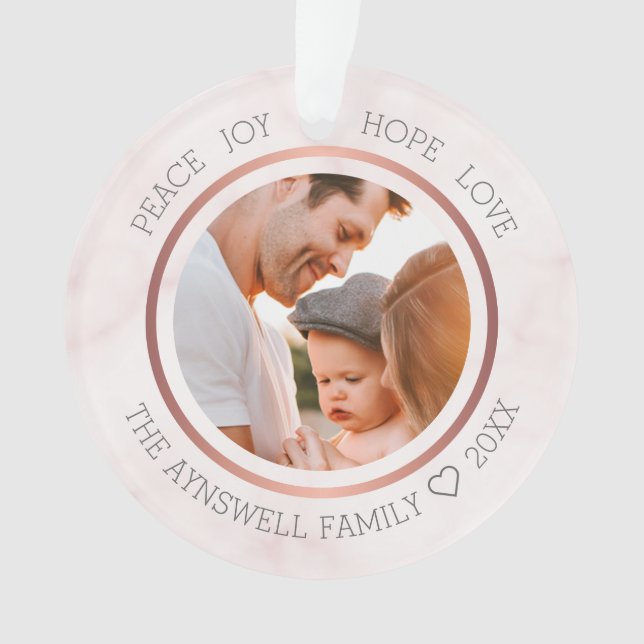 Family Photo Christmas Modern Pink Marble Ornament (Front)