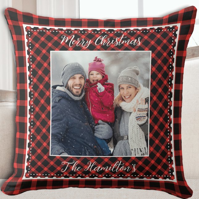 Family Photo Christmas Red Buffalo Plaid Cushion (Family Photo Christmas Red Buffalo Plaid Throw Pillow)