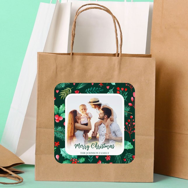 Family Photo Christmas Watercolor Botanicals Square Sticker (Watercolor Botanicals with Family Photo Christmas Square Sticker)