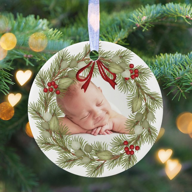 Family Photo Christmas Wreath Custom Ceramic Tree Decoration (Christmas holiday photo wreath circle ceramic ornament.)