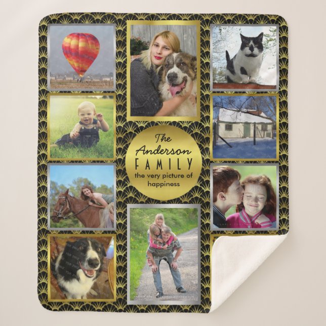 Family Photo Collage 10 Pictures | Black Gold Deco Sherpa Blanket (Front)