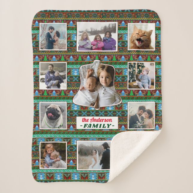 Family Photo Collage 11 Custom Christmas Pattern Sherpa Blanket (Front)