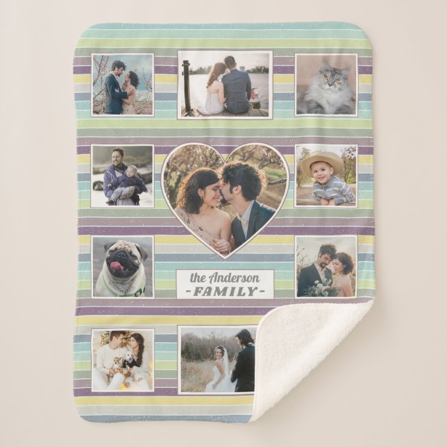 Family Photo Collage 11 Custom Heart Retro Stripe Sherpa Blanket (Front)