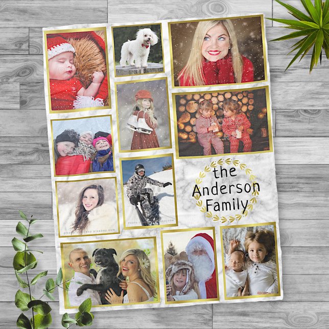 Family Photo Collage 11 Pictures Marble Gold Easy Fleece Blanket (Creator Uploaded)