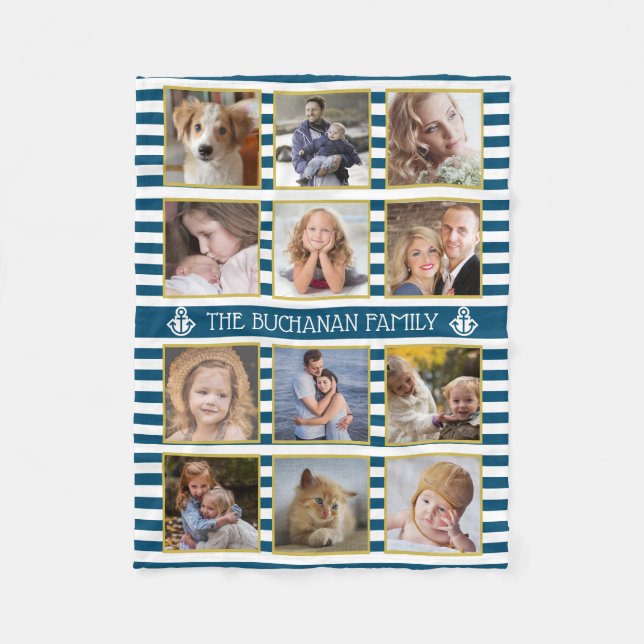 Family Photo Collage 12 Pics Name Nautical Stripes Fleece Blanket (Front)