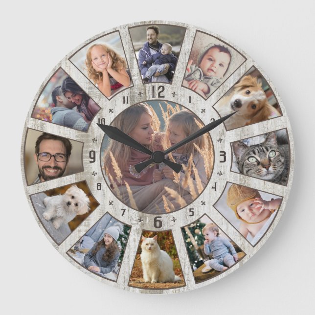 Family Photo Collage 13 Farmhouse Wood Custom Easy Large Clock (Front)