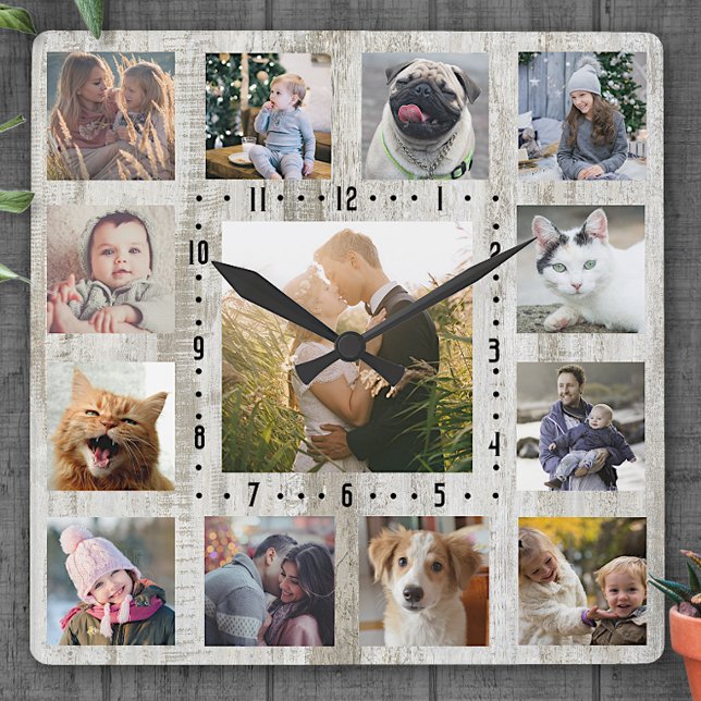 Family Photo Collage 13 Pics Rustic Farmhouse Wood Square Wall Clock (Creator Uploaded)