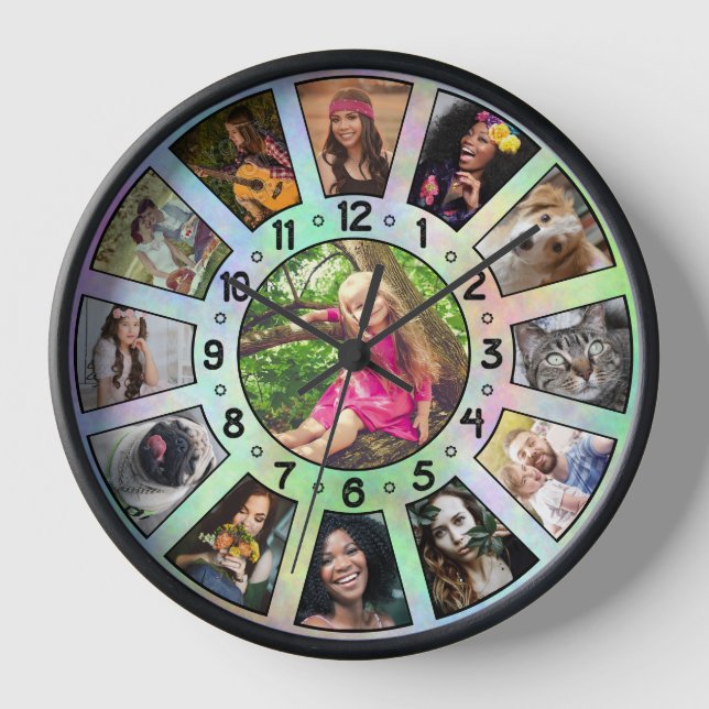 Family Photo Collage 13 Retro Green Tie-Dye Custom Clock (Front)