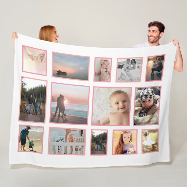 Family Photo Collage 14 Photos Pastel Pinks Fleece Blanket (In Situ)