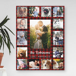 Family Photo Collage 15 + Name Red Buffalo Plaid Canvas Print