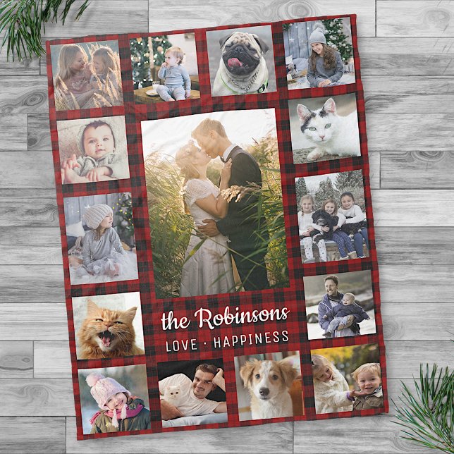 Family Photo Collage 15 + Name Red Buffalo Plaid Fleece Blanket (Creator Uploaded)