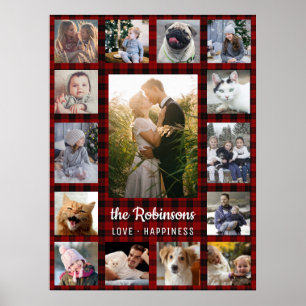 Family Photo Collage 15 + Name Red Buffalo Plaid Poster