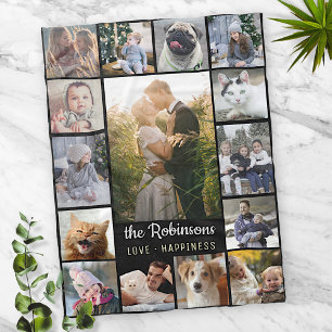 Family Photo Collage 15 Pictures + Name Black Easy Fleece Blanket