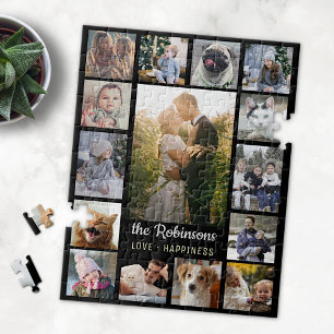 Family Photo Collage 15 Pictures + Name Black Easy Jigsaw Puzzle