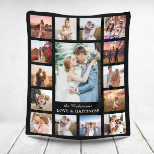 Family Photo Collage 15 Pictures + Name Black Fleece Blanket