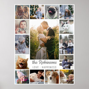 Family Photo Collage 15 Pictures + Name Grey White Poster