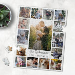 Family Photo Collage 15 Pictures   Name White Easy Jigsaw Puzzle<br><div class="desc">Celebrate your family or wedding memories with this beautiful photo collage jigsaw puzzle. This design includes one large central vertical photo, along with 2 smaller vertical photos and 12 square Instagram-style pictures, all on a white background. Add your name in gray. The words "Love - Happiness" can also be changed...</div>