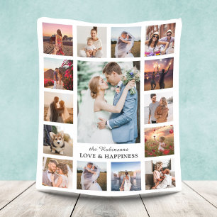 Family Photo Collage 15 Pictures + Name White Fleece Blanket