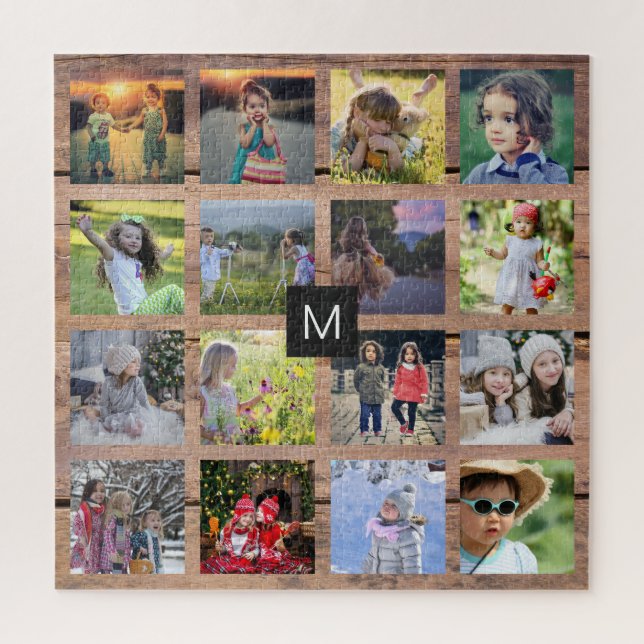 Family photo collage 16 photos on wood monogrammed jigsaw puzzle (Vertical)
