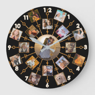 Family Photo Collage 17 Pictures Pretty Black Gold Large Clock