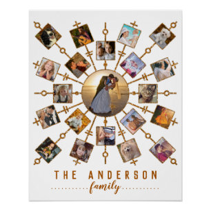 Family Photo Collage 21 Pictures White Gold + Name Poster
