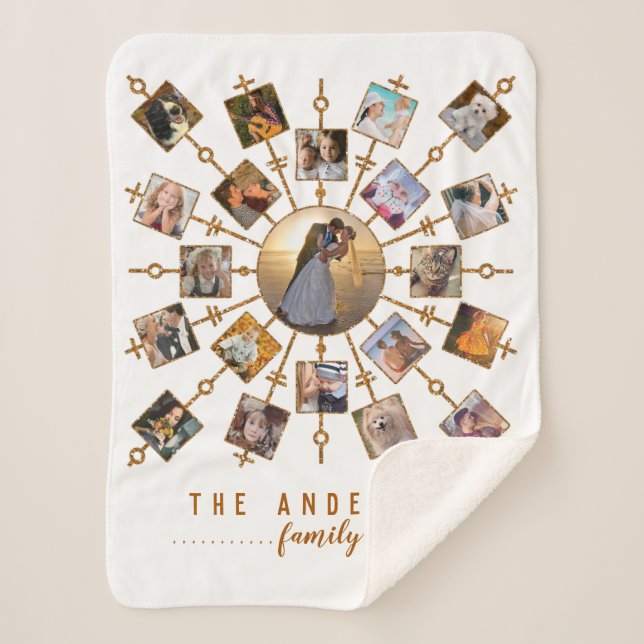 Family Photo Collage 21 Pictures White Gold + Name Sherpa Blanket (Front)