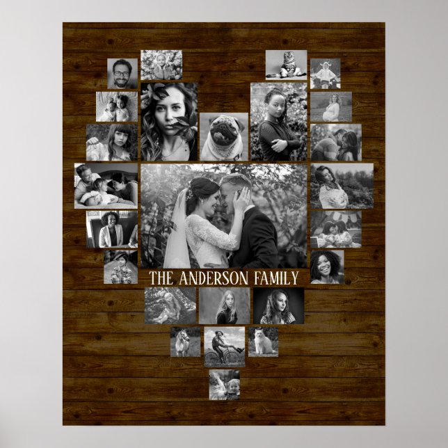Family Photo Collage 25 B&W Heart Pics + Name Wood Poster (Front)