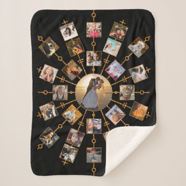 Family Photo Collage 27 Pictures Pretty Black Gold Sherpa Blanket (Front)