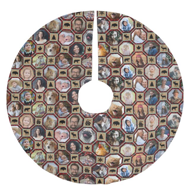 Family Photo Collage 28 Red Buffalo Plaid Quilt Brushed Polyester Tree Skirt (Front)