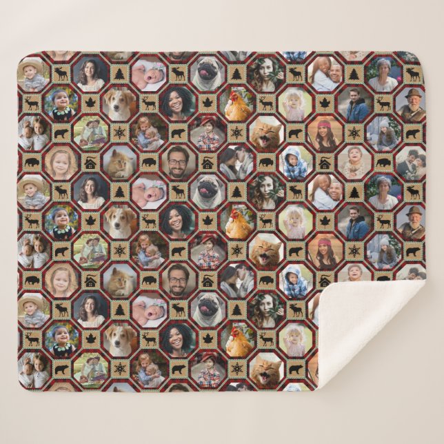 Family Photo Collage 28 Red Buffalo Plaid Quilt Sherpa Blanket (Front (Horizontal))