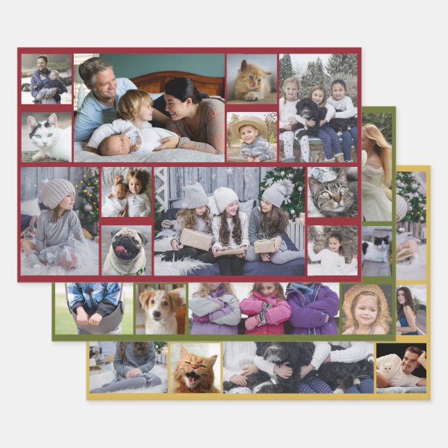 Family Photo Collage 36 Pictures 3 Colors Custom Wrapping Paper Sheet (Set)