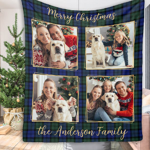 Family Photo Collage 4 Custom Modern Holiday Plaid Fleece Blanket