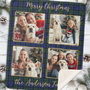 Family Photo Collage 4 Custom Modern Holiday Plaid Sherpa Blanket