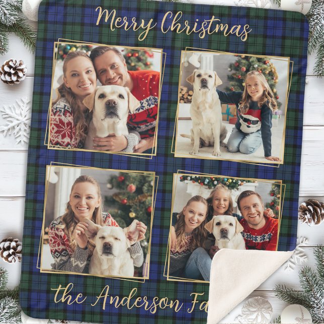 Family Photo Collage 4 Custom Modern Holiday Plaid Sherpa Blanket (Creator Uploaded)
