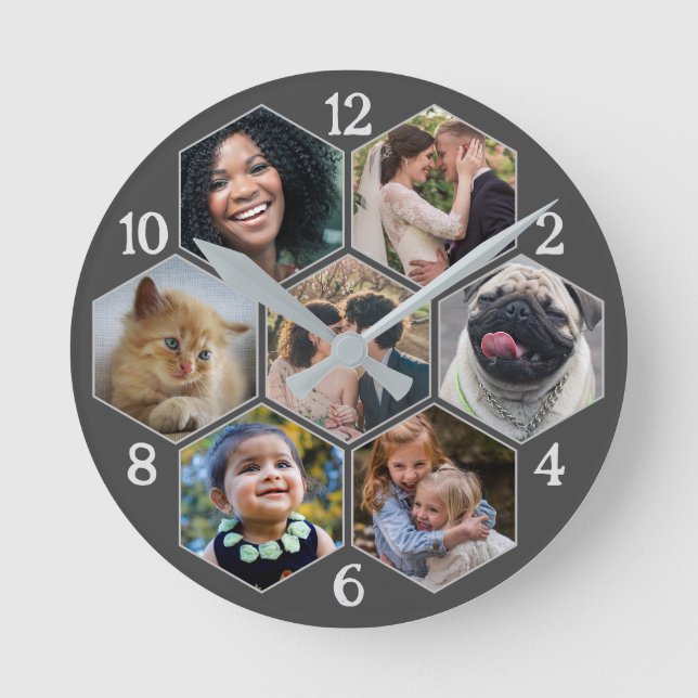 Family Photo Collage 7 Custom Grey Hexagon Flower Round Clock (Front)