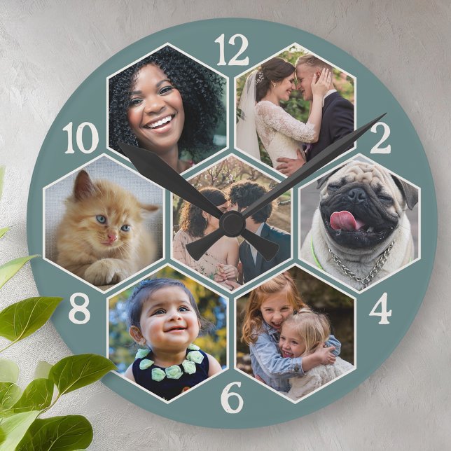 Family Photo Collage 7 Custom Teal Hexagon Flower Round Clock (Creator Uploaded)
