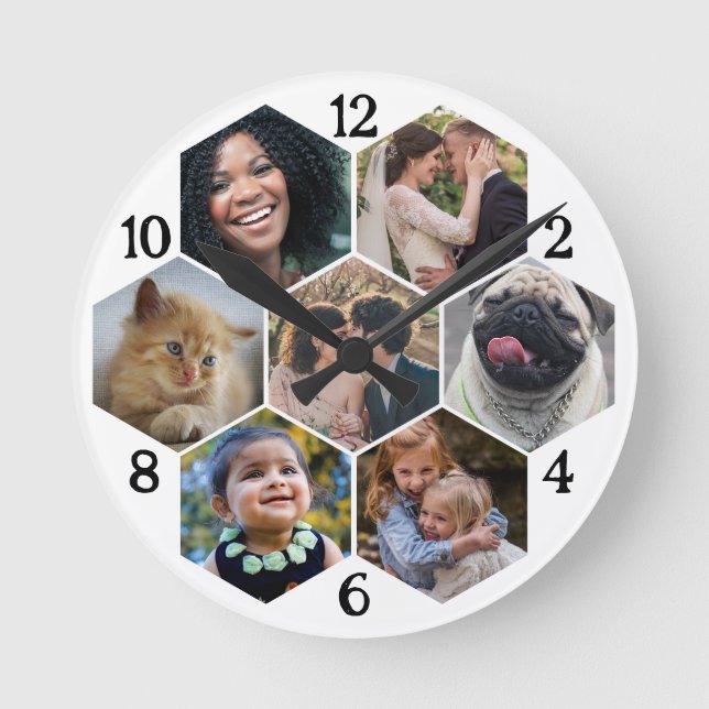 Family Photo Collage 7 Custom White Hexagon Flower Round Clock (Front)