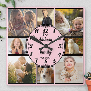 Family Photo Collage 8 Instagram Picture Oval Pink Square Wall Clock