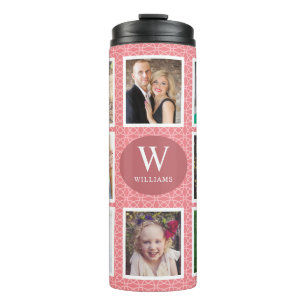 Family Photo Collage 8 Photos Pink Pattern Thermal Tumbler