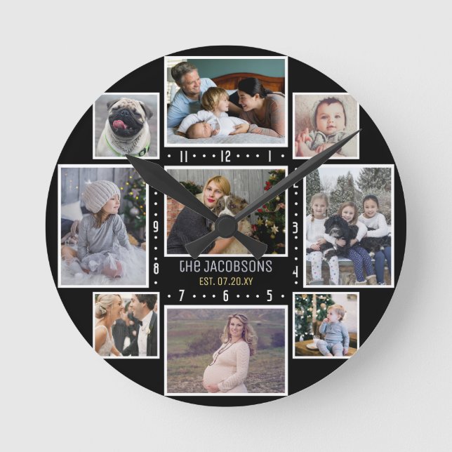 Family Photo Collage 9 Custom Pics Add Name Black Round Clock (Front)