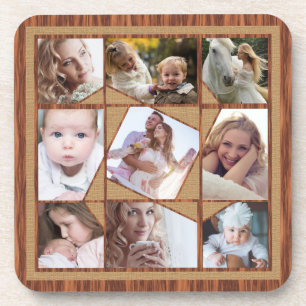Family Photo Collage 9 Instagram Pics Wood Burlap Coaster
